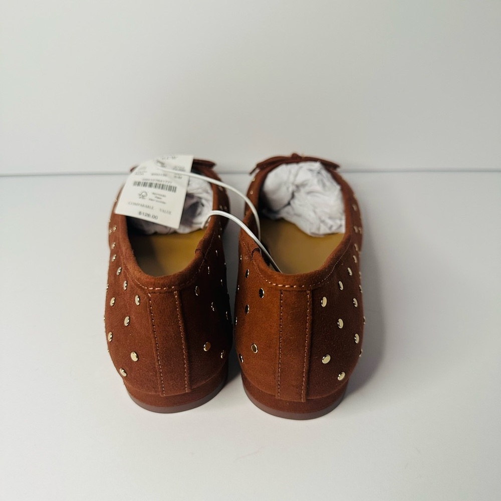 J.Crew Studded Suede Ballet Flats Size 6 Brown Bow Gold Studs NWT - Picture 4 of 6